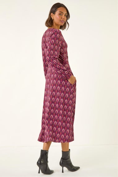 Roman Red Geo Print V-Neck Stretch Midi Dress