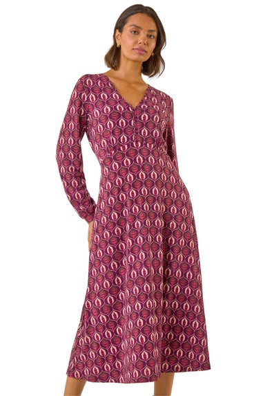 Roman Red Geo Print V-Neck Stretch Midi Dress