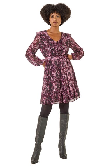 Roman Pink Animal Print Frill V-Neck Dress