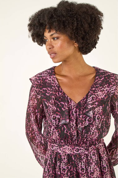 Roman Pink Animal Print Frill V-Neck Dress