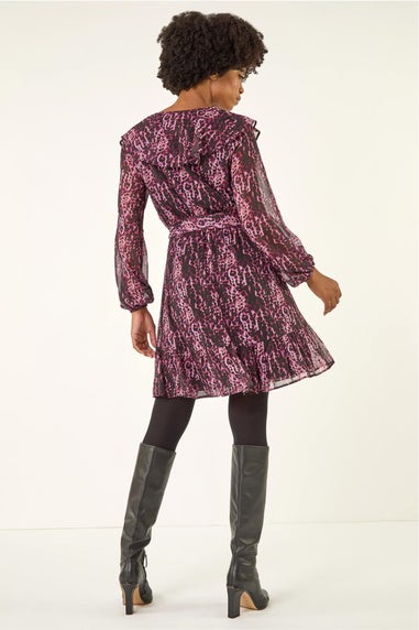 Roman Pink Animal Print Frill V-Neck Dress