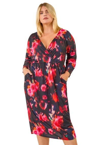 Roman Red Curve Floral Print Mesh Midi Dress