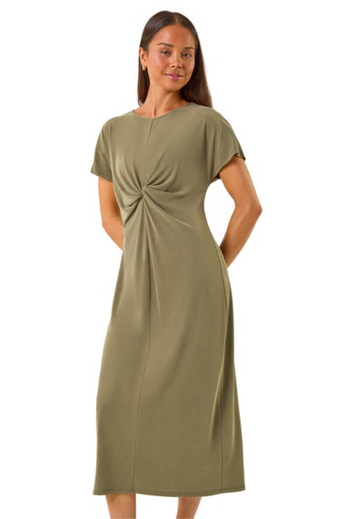 Roman Khaki Petite Twist Front Midi Dress