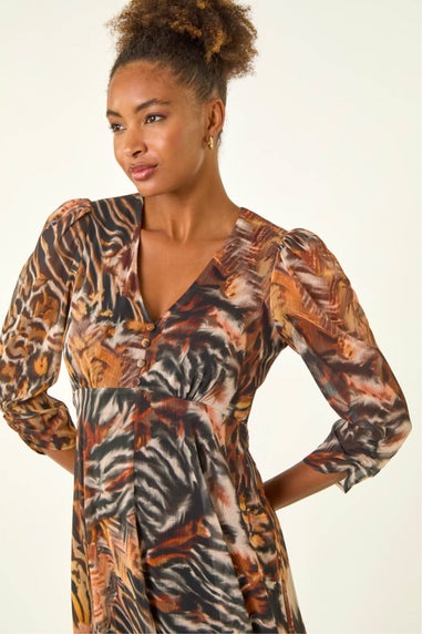 Roman Brown Animal Print Hanky Hem Dress