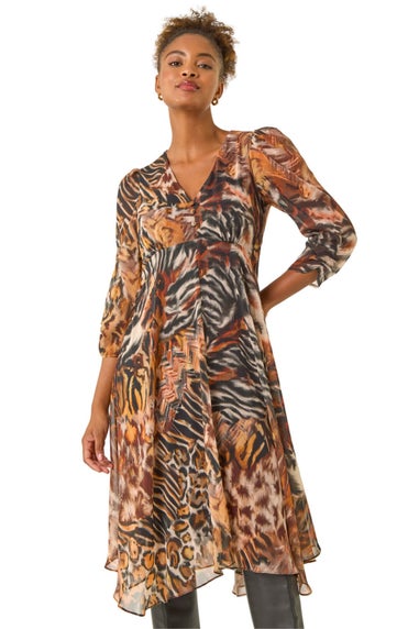 Roman Brown Animal Print Hanky Hem Dress