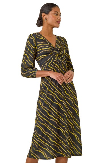Roman Yellow Abstract Twist Front Midi Dress