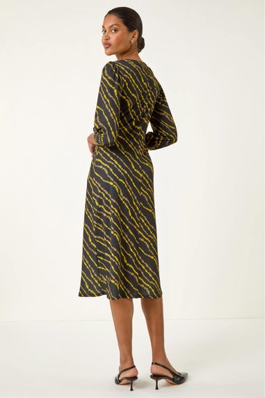 Roman Yellow Abstract Twist Front Midi Dress