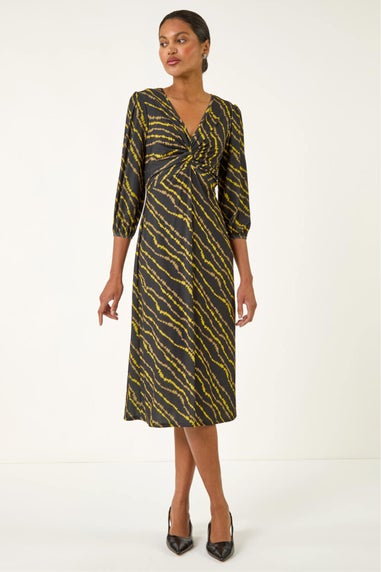 Roman Yellow Abstract Twist Front Midi Dress