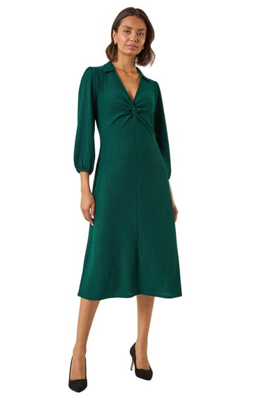 Roman Green Textured Collared Twist Front Dress