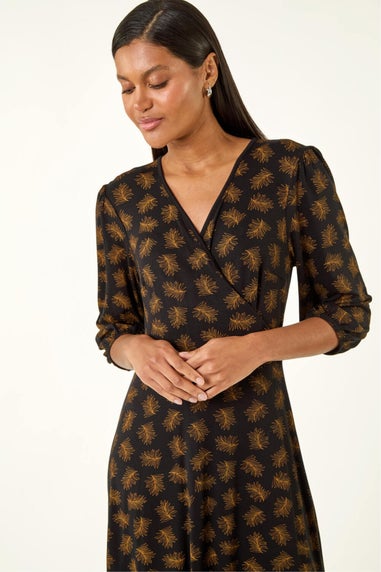 Roman Bronze Leaf Print Wrap Stretch Dress