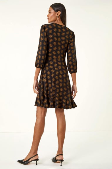 Roman Bronze Leaf Print Wrap Stretch Dress