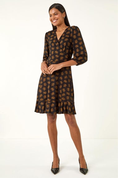 Roman Bronze Leaf Print Wrap Stretch Dress