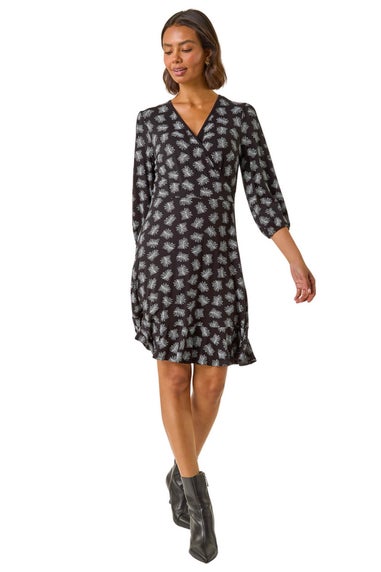 Roman Black Leaf Print Wrap Stretch Dress