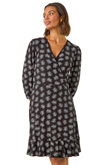 Roman Black Leaf Print Wrap Stretch Dress