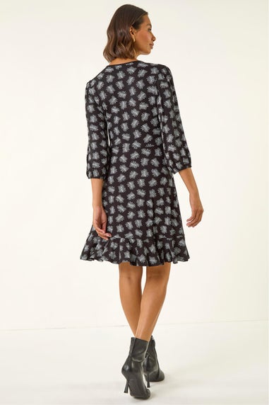 Roman Black Leaf Print Wrap Stretch Dress