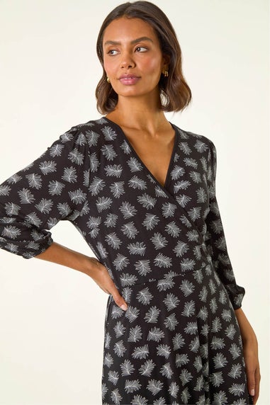 Roman Black Leaf Print Wrap Stretch Dress