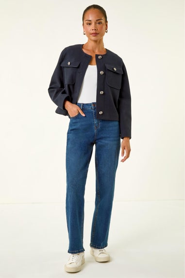 Roman Navy Petite Button Up Pocket Jacket