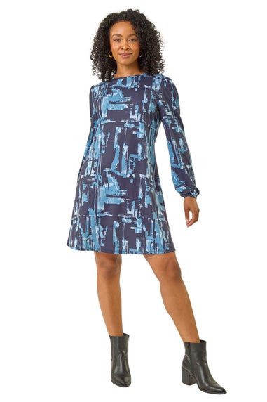 Roman Blue Petite Abstract Swing Dress