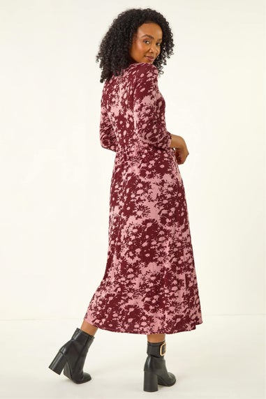 Roman Wine Petite Floral Abstract Stretch Midi Dress