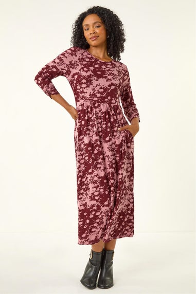 Roman Wine Petite Floral Abstract Stretch Midi Dress