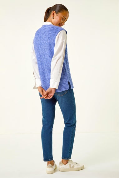 Roman Blue Petite V-Neck Cable Knit Sleeveless Vest