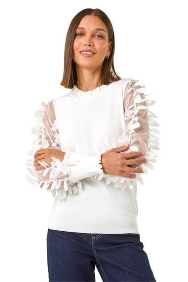 Roman Ivory Sheer Feather Sleeved Jumper