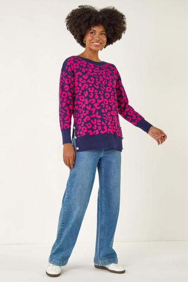 Roman Fuchsia Animal Print Button Knit Jumper