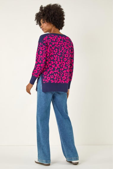 Roman Fuchsia Animal Print Button Knit Jumper