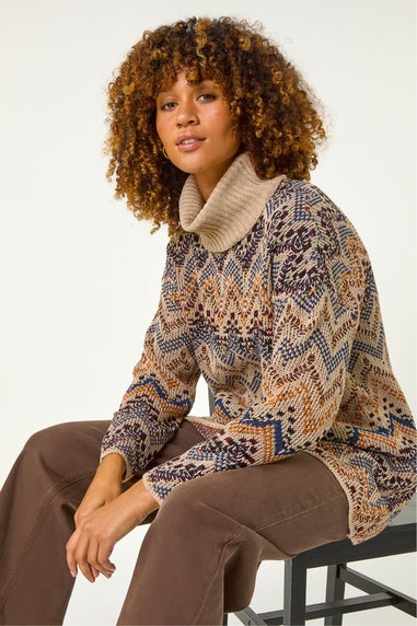 Roman Multi Jacquard Pattern Turtle Neck Knit Jumper