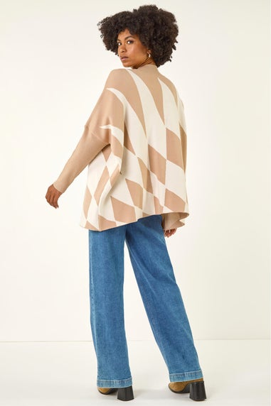 Roman Natural Geometric Plaid Knit Poncho