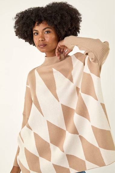 Roman Natural Geometric Plaid Knit Poncho