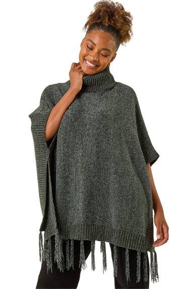 Roman Dark Green Tassle Trim Knit Poncho