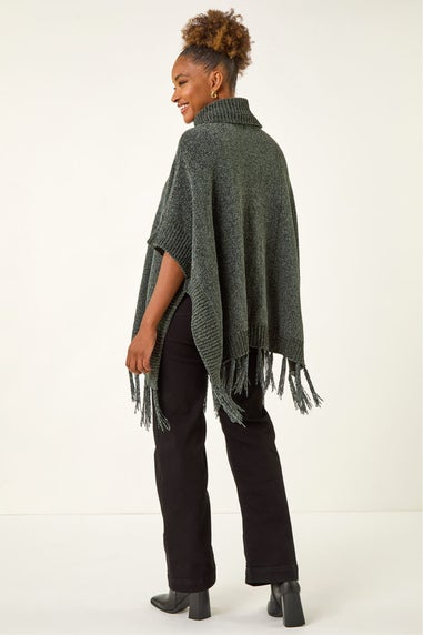 Roman Dark Green Tassle Trim Knit Poncho