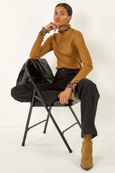 Roman Tan Leopard Ruffle Trim Jumper