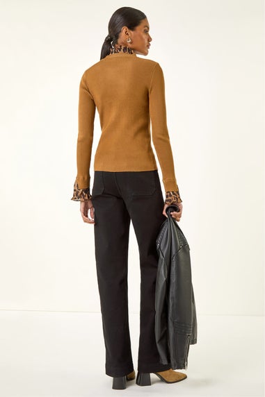 Roman Tan Leopard Ruffle Trim Jumper