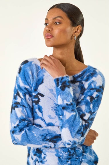 Roman Blue Fluffy Floral Print Knit Jumper