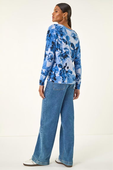 Roman Blue Fluffy Floral Print Knit Jumper