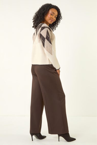 Roman Natural Petite Buttoned Argyle Knit Cardigan
