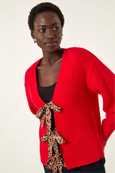 Roman Red Animal Tie Front Knit Cardigan