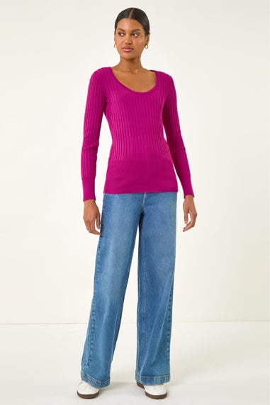 Roman Magenta Scoop Neck Ribbed Knit Jumper