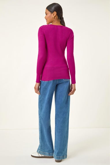 Roman Magenta Scoop Neck Ribbed Knit Jumper