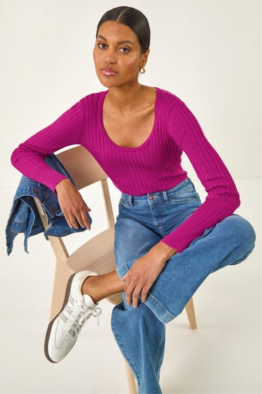 Roman Magenta Scoop Neck Ribbed Knit Jumper
