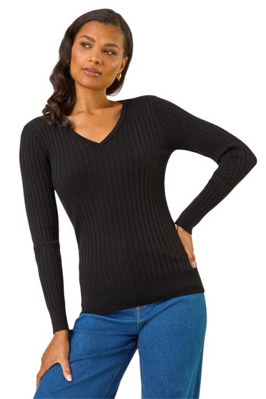 Roman Black V-Neck Ribbed Knit Jumper