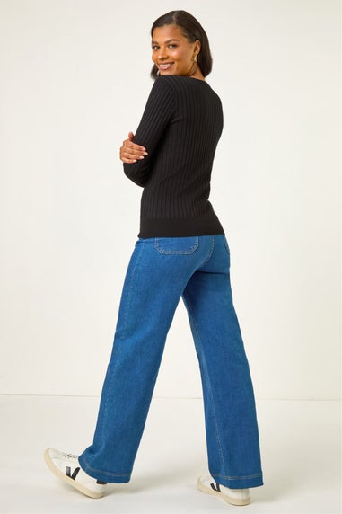 Roman Black V-Neck Ribbed Knit Jumper