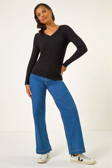 Roman Black V-Neck Ribbed Knit Jumper