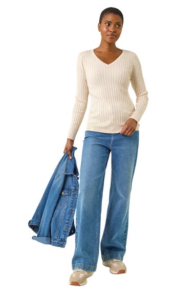 Roman Ivory V-Neck Ribbed Knit Jumper