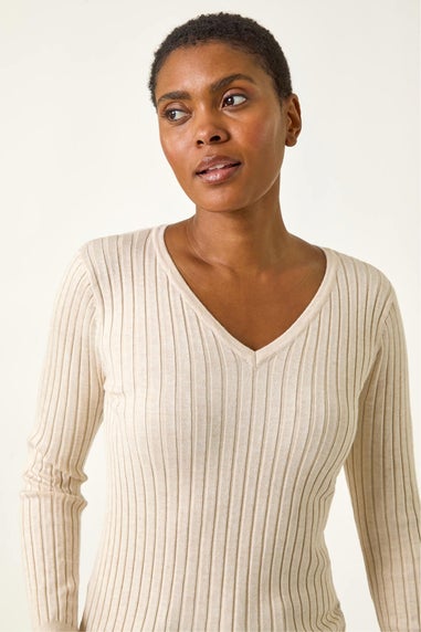 Roman Ivory V-Neck Ribbed Knit Jumper