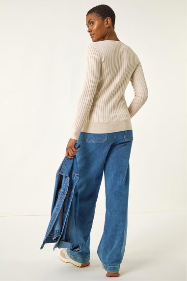 Roman Ivory V-Neck Ribbed Knit Jumper