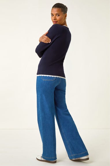 Roman Navy Scallop Neck Button Knit Jumper