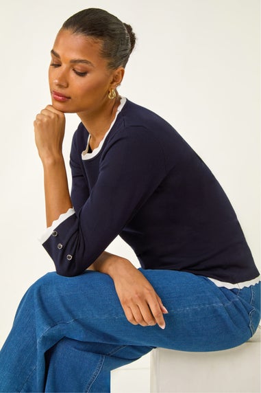 Roman Navy Scallop Neck Button Knit Jumper